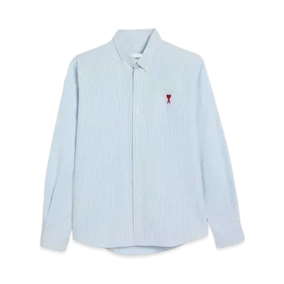 AMI PARIS Stripe Cotton Oxford AMI DE COEUR Button Down Shirt #2 "Sky Blue & Natural White"