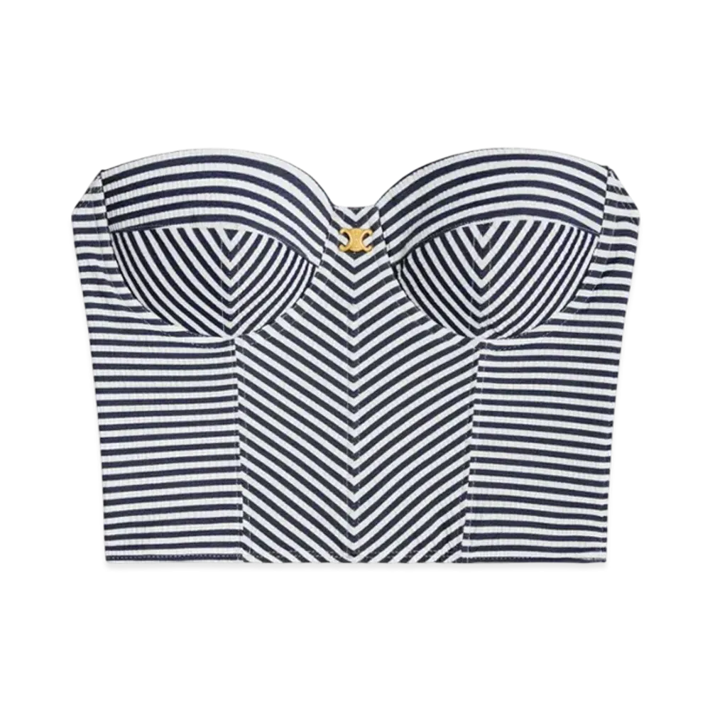 CELINE Women's Triomphe Bustier in Striped Jersey "Craie/Navy"