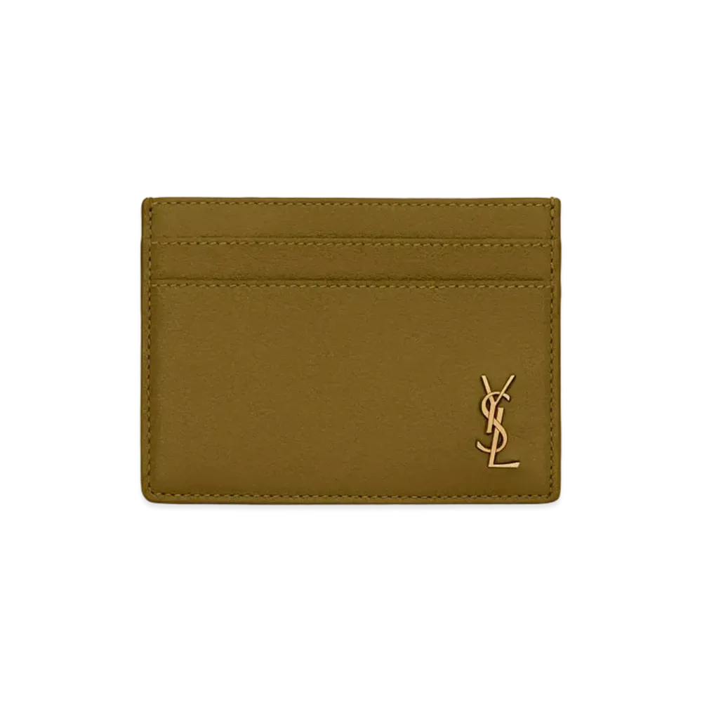 SAINT LAURENT Tiny Monogram Card Case In Grained Leather "Olive Green"