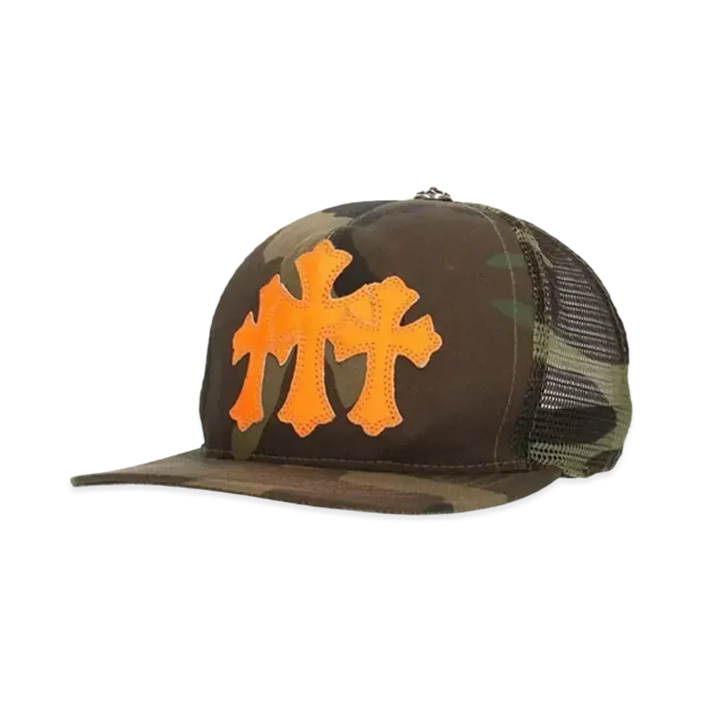 Chrome Hearts Trucker Cap Cemetery Leather Patch Cross Ball Mesh "Camo/Orange"