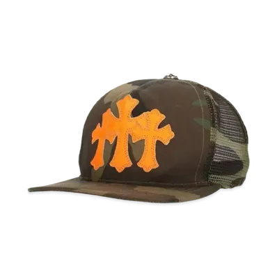 Chrome Hearts Trucker Cap Cemetery Leather Patch Cross Ball Mesh "Camo/Orange"