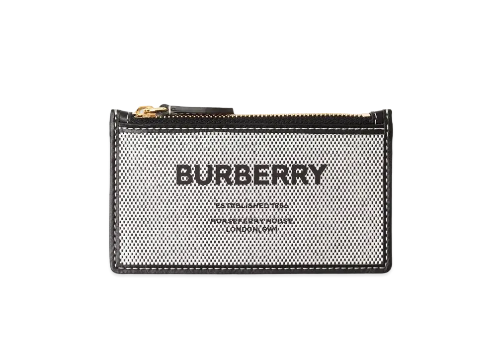 Burberry Horse Ferry Print Canvas & Leather Zip Card Case "Black/Tan"