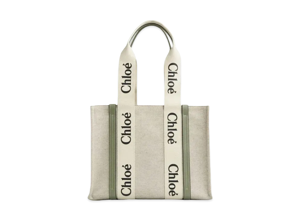 Chloe Medium Woody Tote Bag In Cotton Canvas & Shiny Calfskin With Woody Ribbon "Green"