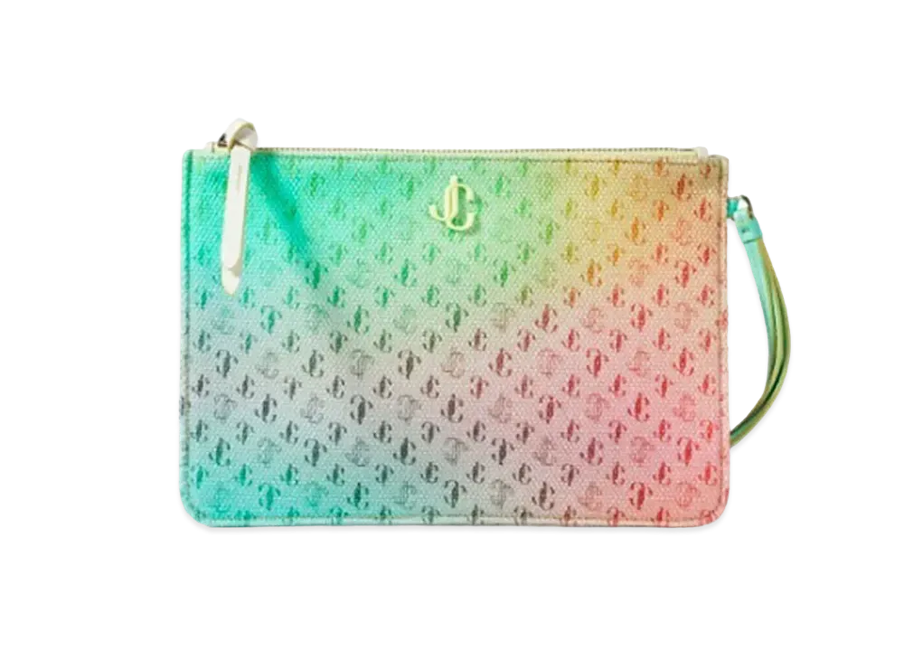 Jimmy Choo Fara JC Logo Degrade Canvas Pouch With Sunbleached JC Logo "Sunbleached/Sunset Mix"