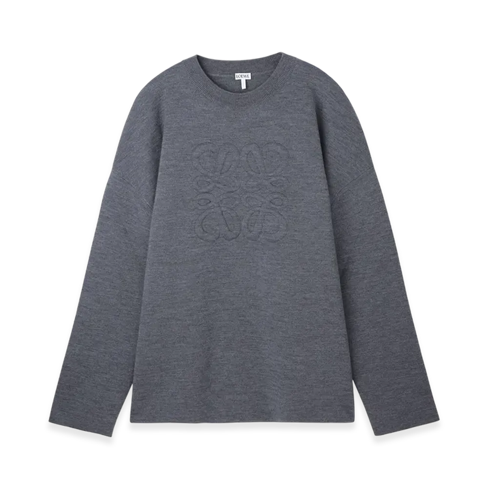 LOEWE Men's Debossed Anagram Crew-Neck Sweater "Light Grey Melange"