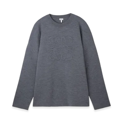 LOEWE Men's Debossed Anagram Crew-Neck Sweater "Light Grey Melange"