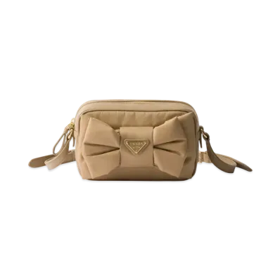 PRADA Re-Nylon and Nappa Leather Mini Shoulder Bag with Bow "Beige"