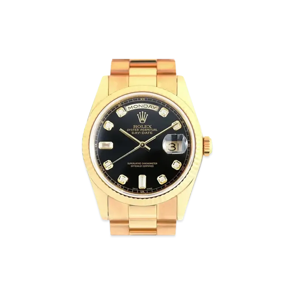 ROLEX Day-Date 8P Diamonds/2P Baguette Diamonds "Black/Yellow Gold"