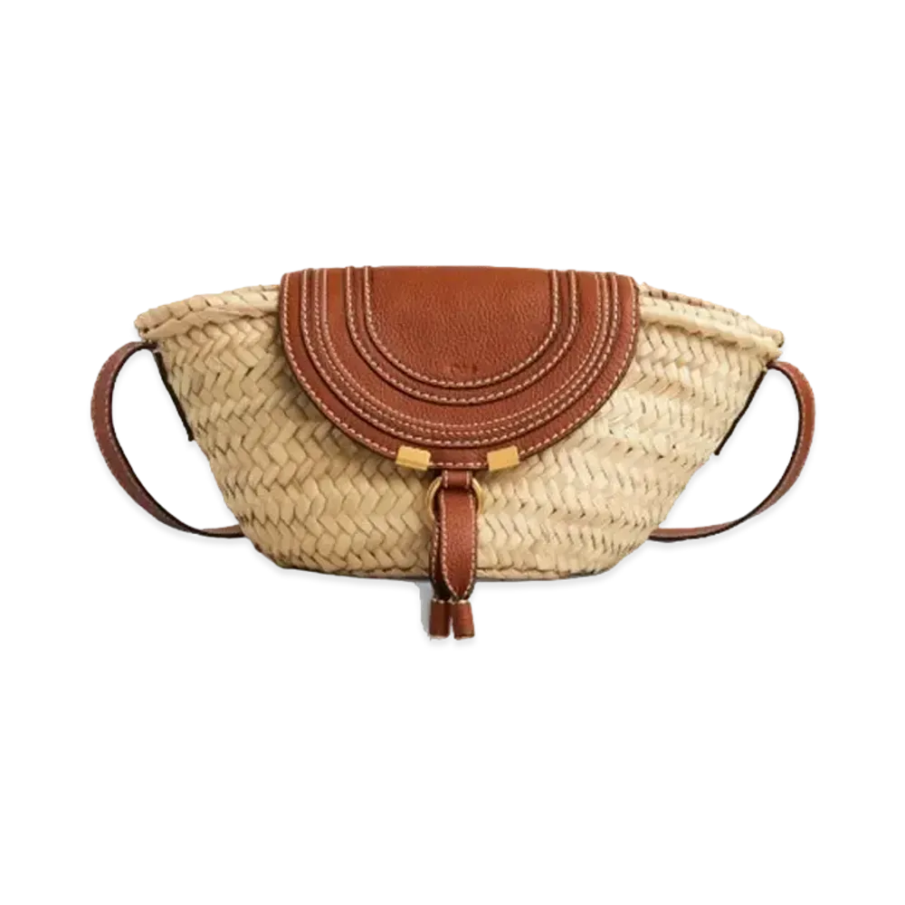 Chloe Small Marcie Basket Bag In Hand Braided Raffia & Small Grain Calfskin "Tan"