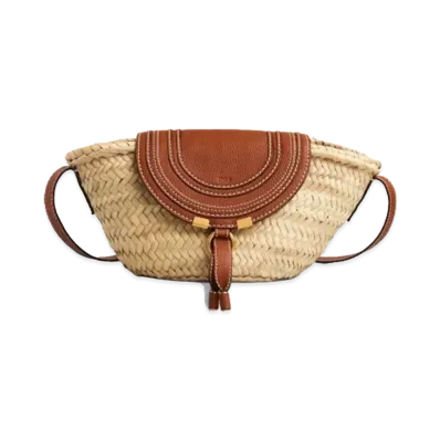 Chloe Small Marcie Basket Bag In Hand Braided Raffia & Small Grain Calfskin "Tan"