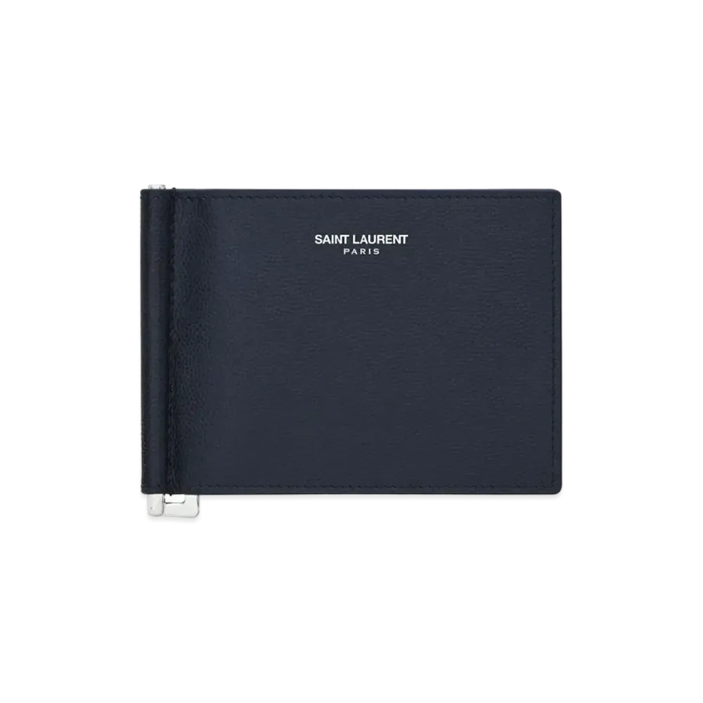 Saint Laurent Bill Clip Wallet In Grain De Poudre Embossed Leather "Midnight Blue"