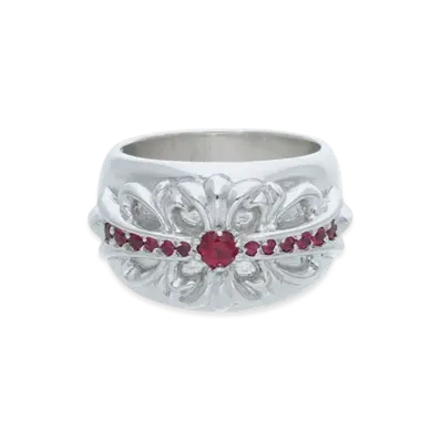 Chrome Hearts 18K Floral Cross Pave Ruby Ring "White Gold"
