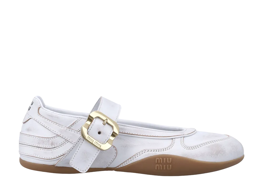 MIU MIU Women's Gymnasium Leather Ballerinas with Strap and Buckle "White"