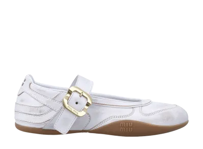 MIU MIU Women's Gymnasium Leather Ballerinas with Strap and Buckle "White"