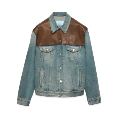 PRADA Women's Denim and Leather Blouson Jacket "Navy"