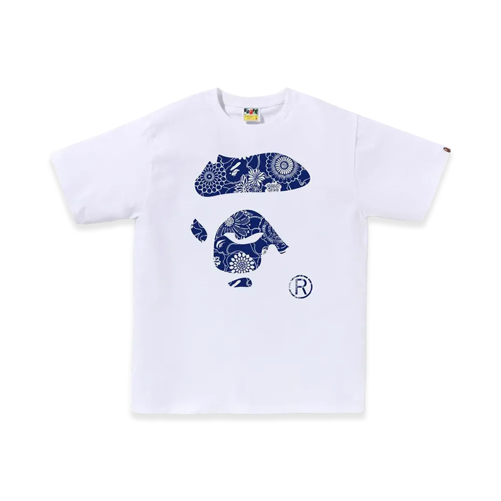 A BATHING APE Japanese Indigo Art Camo Ape Face Tee "White"