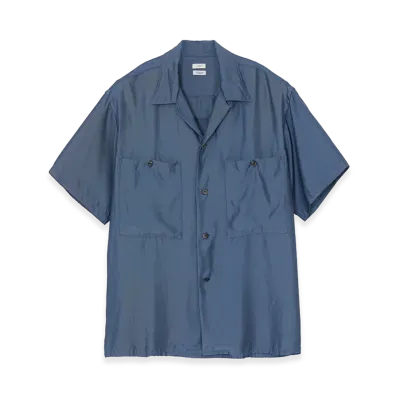 YOKE Cupro Polyester Washable Twill Open Collar Shirt "Blue"
