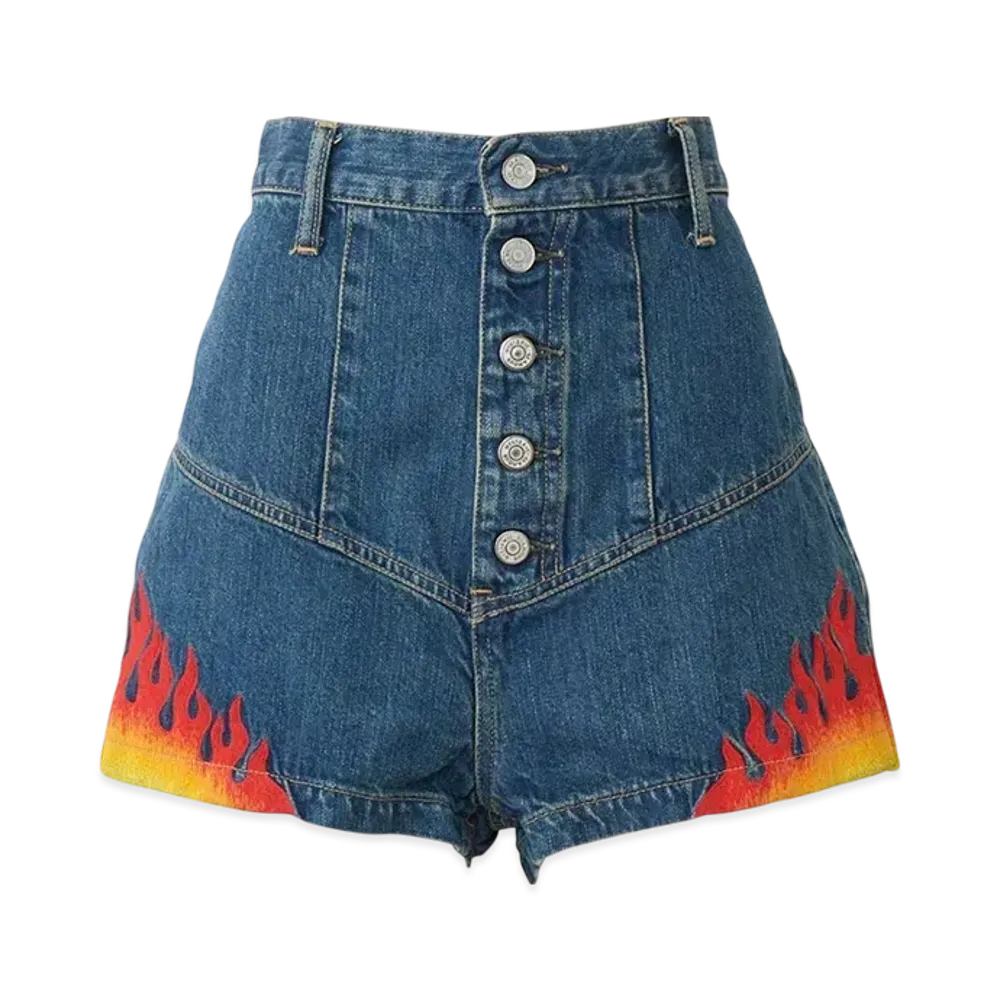 HYSTERIC GLAMOUR Fire Pattern Embroidery High-Rise Denim Shorts "Light Indigo Blue"