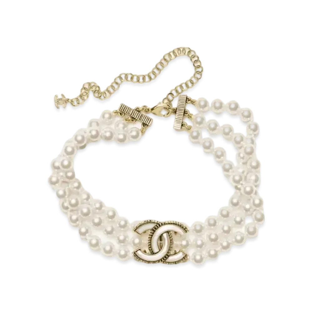 CHANEL Choker Metal, Resin & Glass Pearls "Gold /Pearly White"