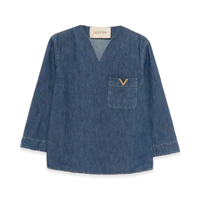 Valentino Women's V-Neck Denim Shirt With Logo "Medium"