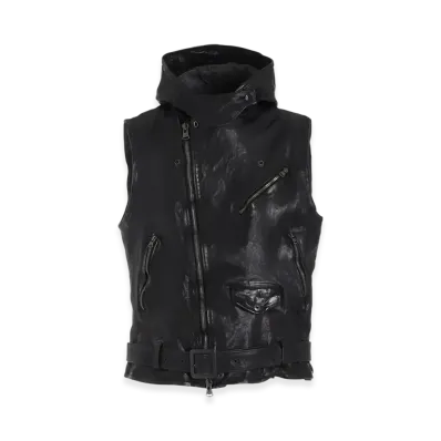 Yohji Yamamoto POUR HOMME Backlash Calf Dyed W Hoodie Riders Vest "Black"