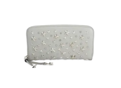 Jimmy Choo Filipa Grainy Calf Leather Zip Around Wallet With Crystal Star Studs "Moonstone"