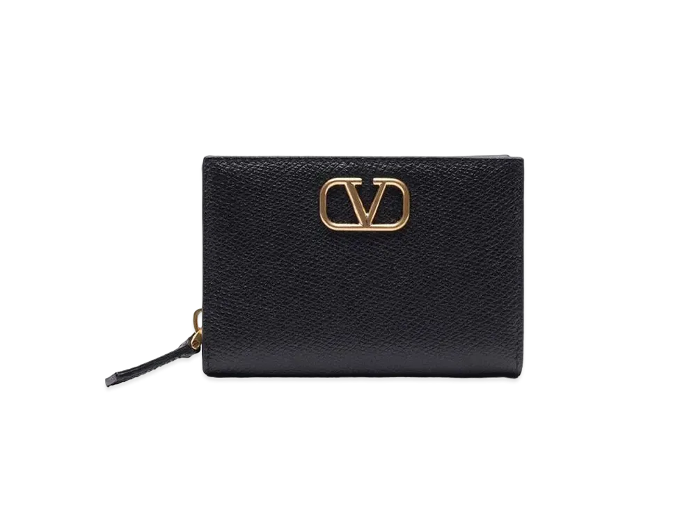 Valentino V Logo Signature Grain Calfskin Card Case "Black"