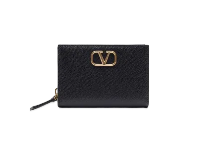Valentino V Logo Signature Grain Calfskin Card Case "Black"