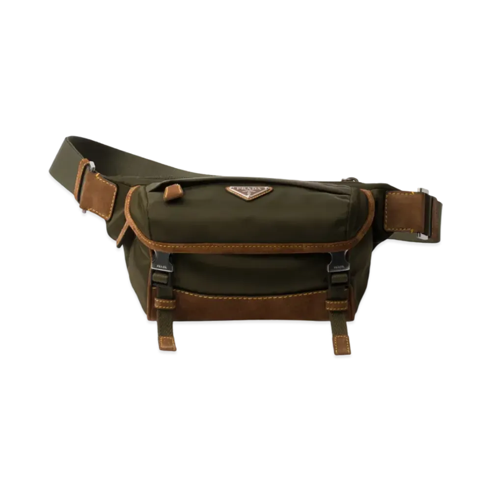 PRADA Small Re-Nylon and Suede Shoulder Bag "Khaki Green/Dark Brown"