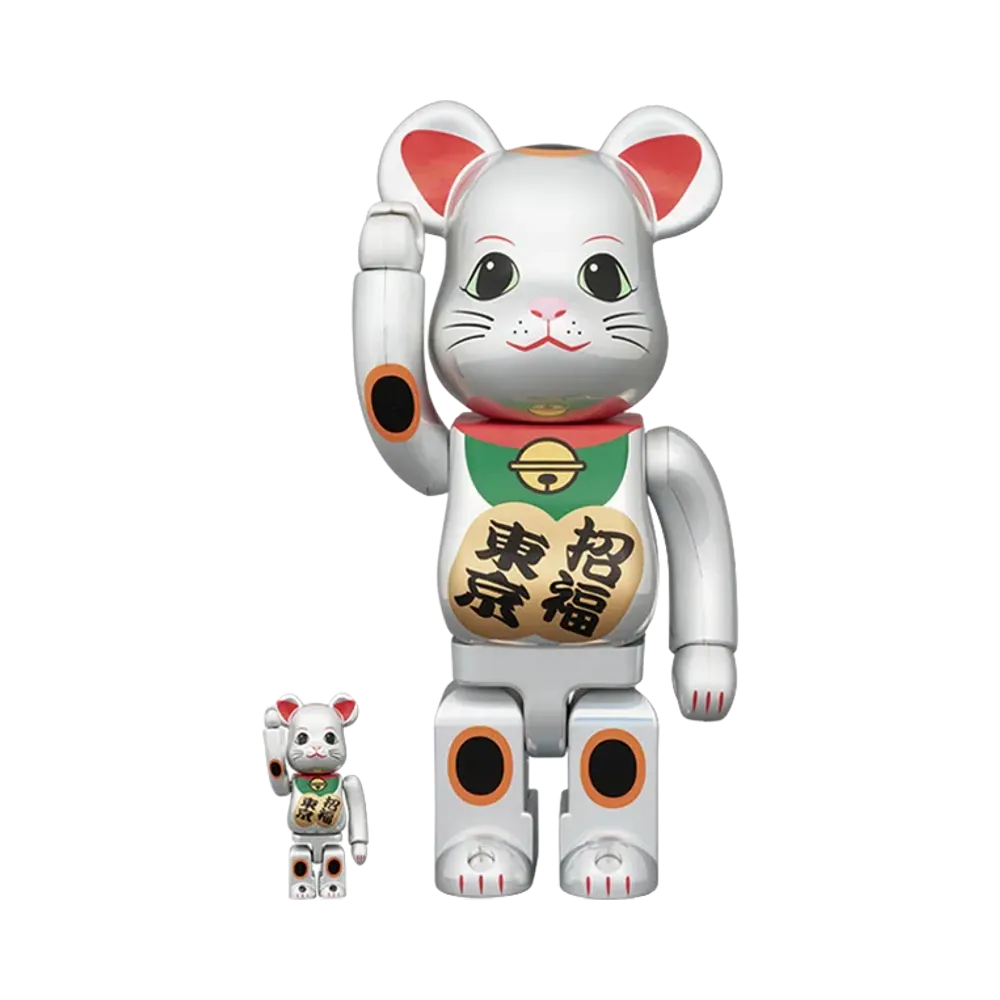 MEDICOM TOY "BEARBRICK" Bearbrick Lucky Cat Good Fortune Tokyo Dark Silver Chrome Ver. 100% & 400%
