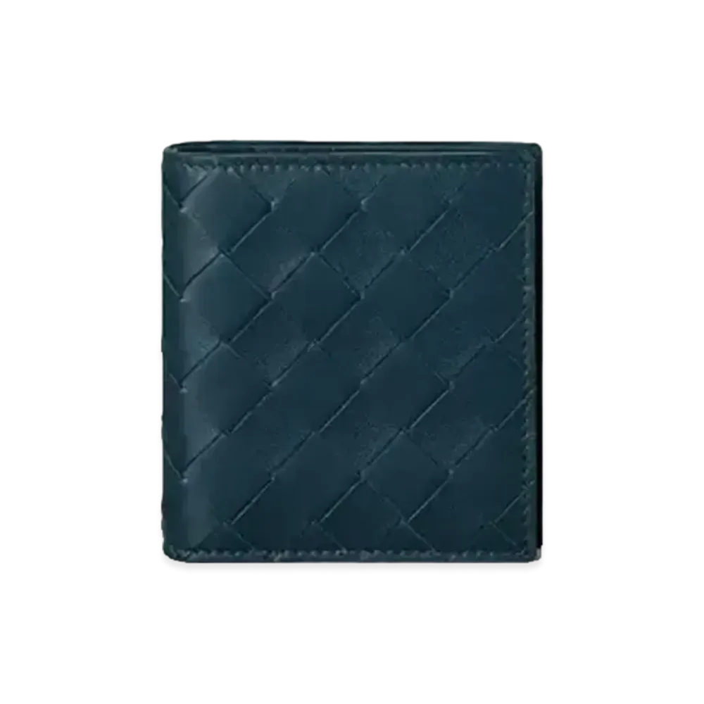 Bottega Veneta Intrecciato Lambskin Calfskin Bi-fold Compact Wallet "Deep Blue"