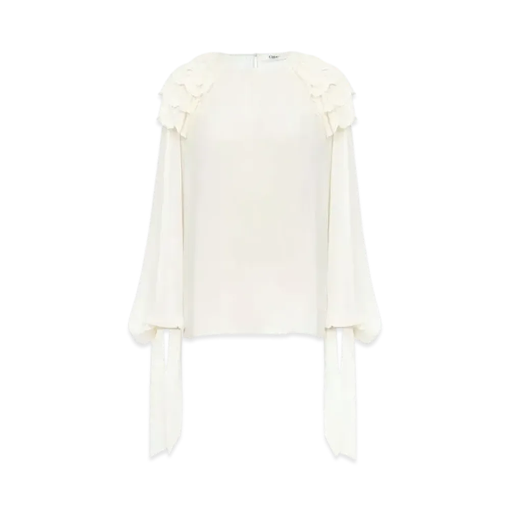 Chloe Gathered Ruffle Top In Silk Georgette "Dusty White"