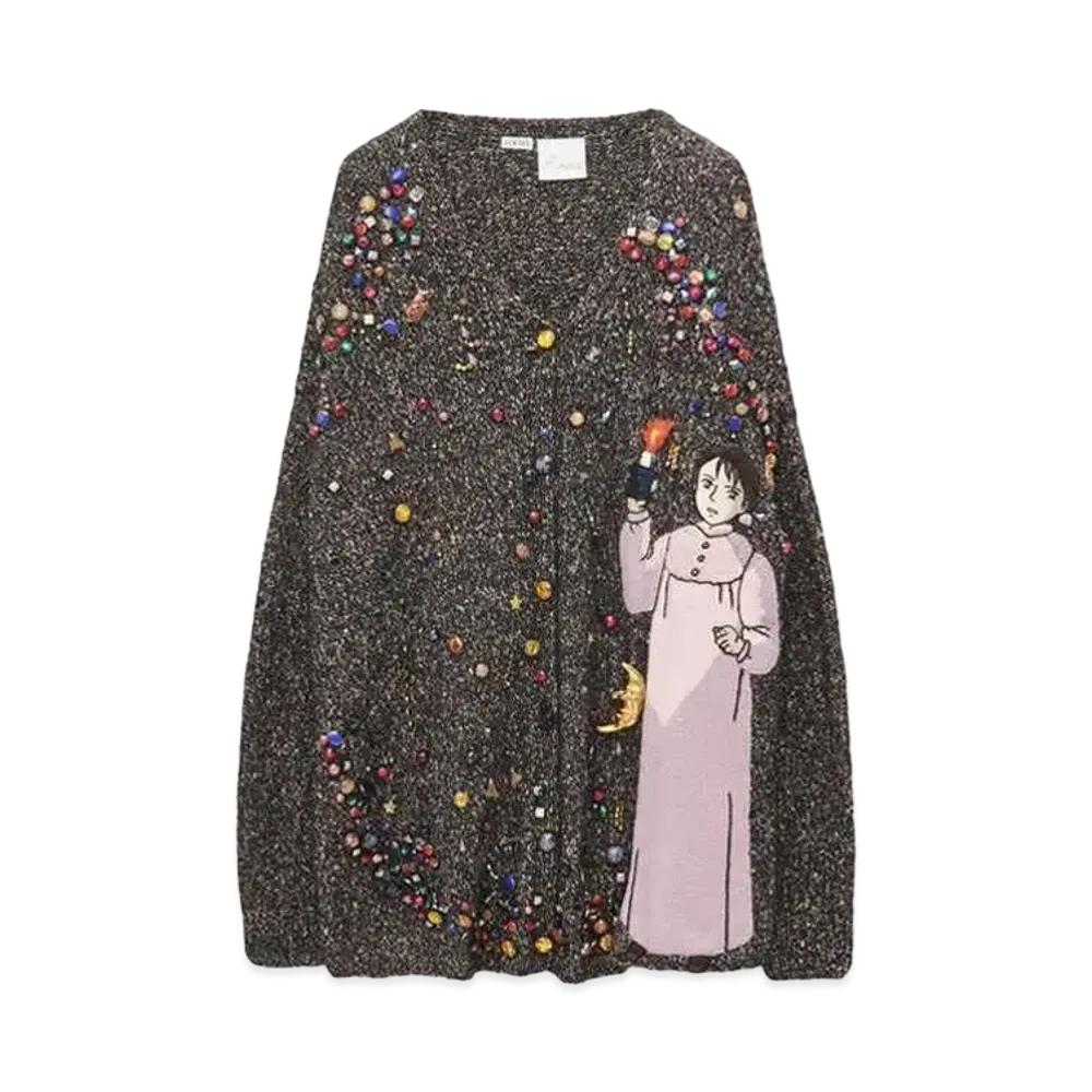 LOEWE x Howl's Moving Castle Embellished Cardigan In Cashmere and Wool Blend "Dark Grey/Multicolor"