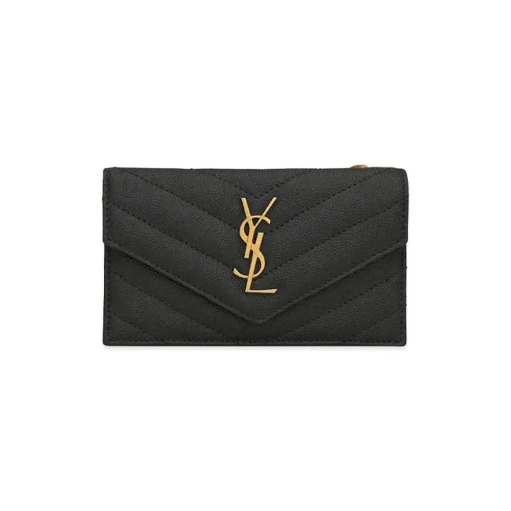 Saint Laurent Monogram Fragments Flap Card Case In Quilted Grain De Poudre Embossed Leather "Black"
