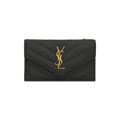 Saint Laurent Monogram Fragments Flap Card Case In Quilted Grain De Poudre Embossed Leather "Black"