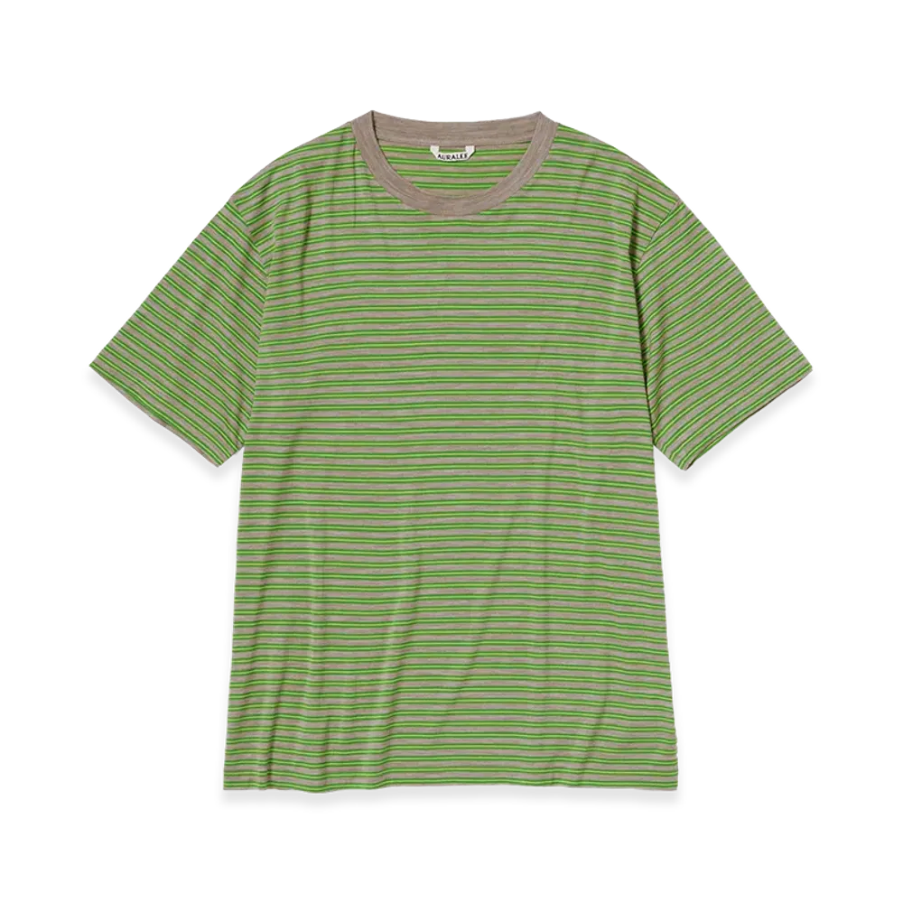 AURALEE Soft Smooth Wool Stripe Jersey Tee "Green Stripe"