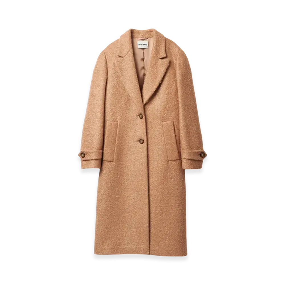 MIU MIU Women's Padded Single Breasted Tweed Coat "Camel Brown"