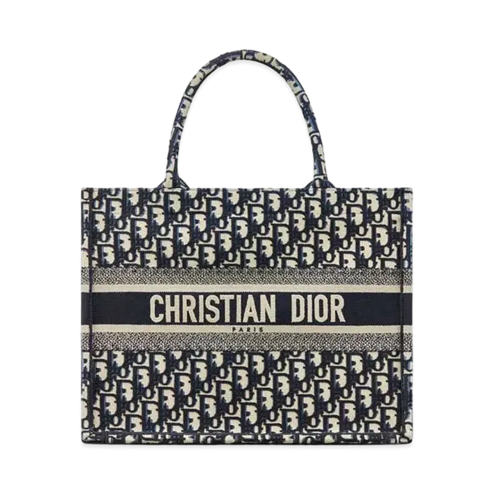 Dior Book Tote Medium Bag Oblique Embroidery "Ecru/Blue"