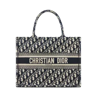 Dior Book Tote Medium Bag Oblique Embroidery "Ecru/Blue"