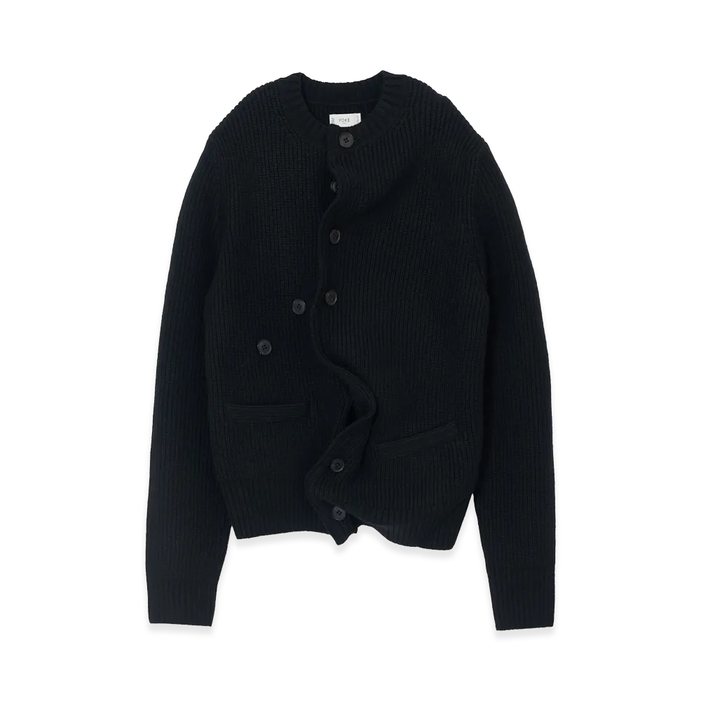 YOKE Lambs Wool Sculptural Wired Crew Neck Cardigan "Black"