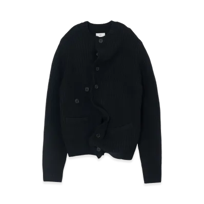 YOKE Lambs Wool Sculptural Wired Crew Neck Cardigan "Black"