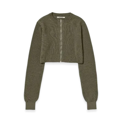 AURALEE Flat Yarn Rib Knit Crew Neck Zip Cardigan "Khaki"