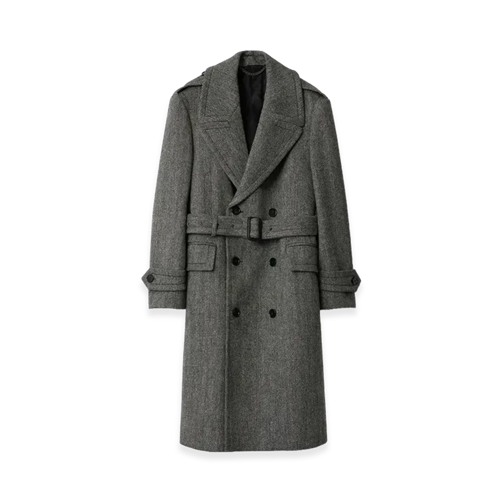 Burberry Long Herringbone Wool Trench Coat "Coal Grey/Light Thistle Grey"