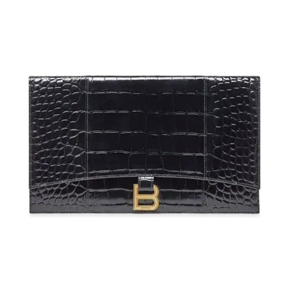 BALENCIAGA Hourglass Crocodile Embossed Flat Flap Bag "Black"