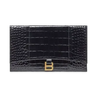 BALENCIAGA Hourglass Crocodile Embossed Flat Flap Bag "Black"