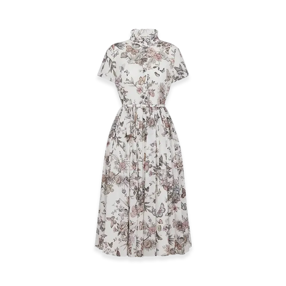 Dior Women's Mid-Length Shirt Dress Voile Toile Mexico Motif "White/Pastel Pink"