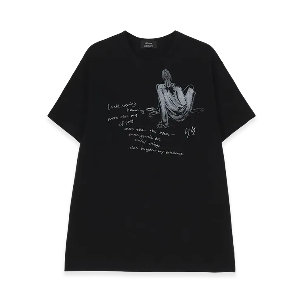 Yohji Yamamoto Combed Jersey Pigmented PT Short Slv Round Neck Print T "Black"