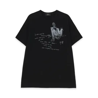 Yohji Yamamoto Combed Jersey Pigmented PT Short Slv Round Neck Print T "Black"