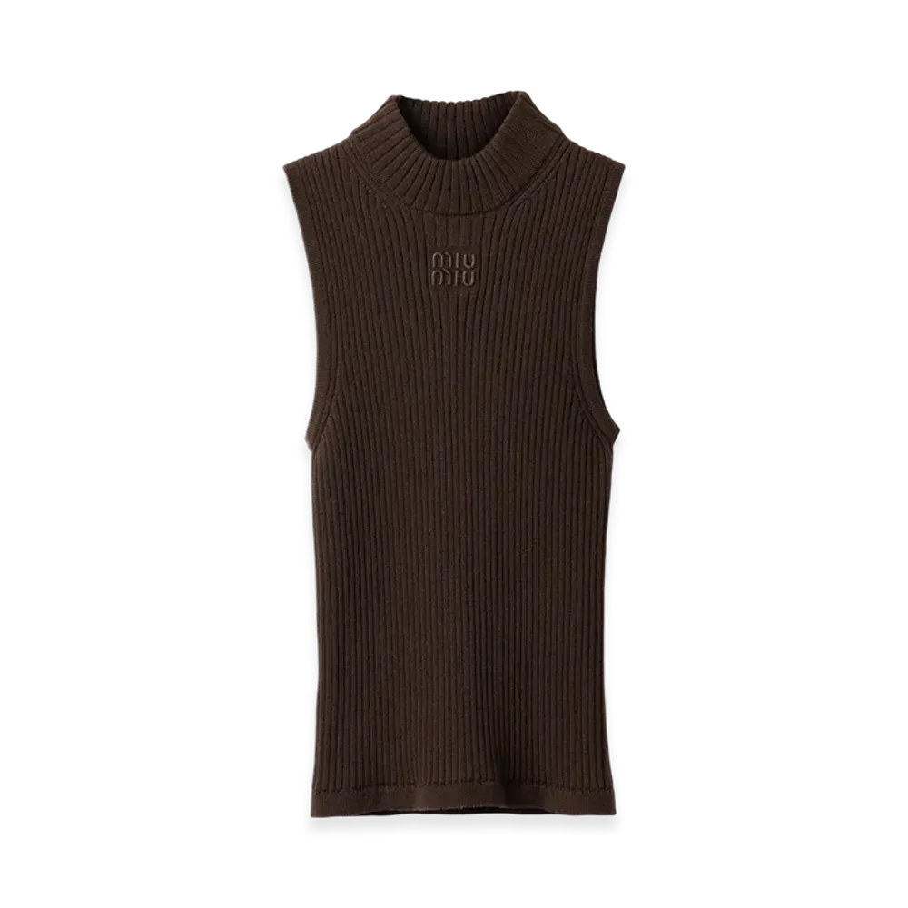 MIU MIU Women's Ribbed Knit Wool Turtleneck Top "Cocoa Brown"