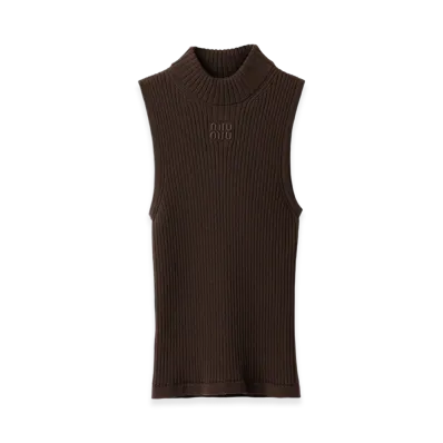 MIU MIU Women's Ribbed Knit Wool Turtleneck Top "Cocoa Brown"